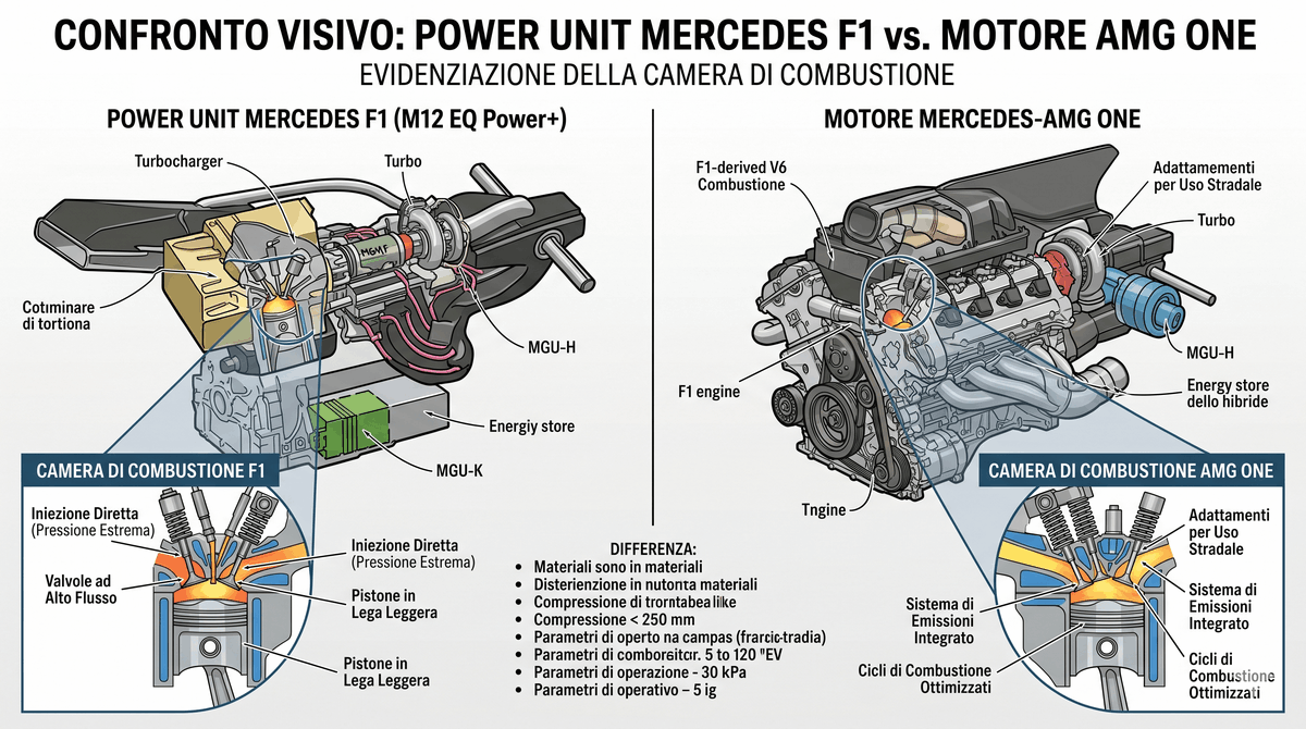 Confronto visivo tra power unit Mercedes Formula 1 e motore AMG ONE con evidenziazione della camera di combustione.