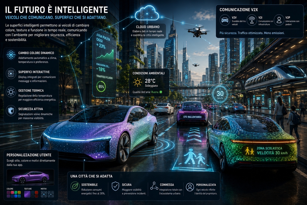 Futuro della carrozzeria che cambia colore e delle superfici intelligenti