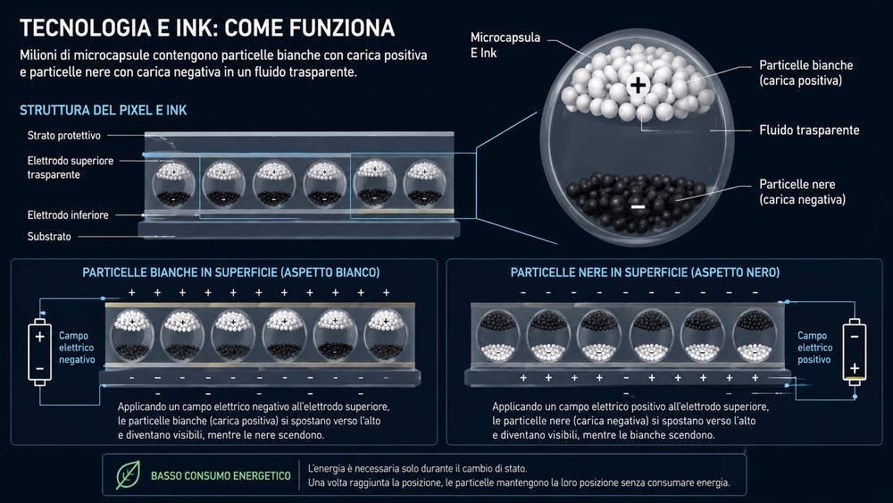 microcapsule E Ink con particelle bianche e nere che si spostano in base al campo elettrico.