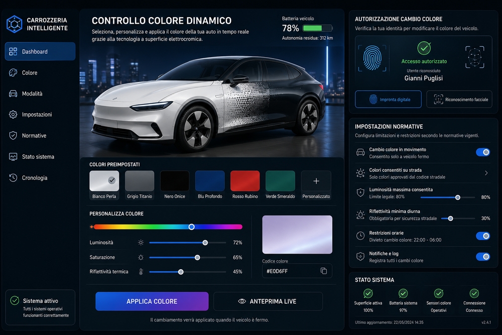 Gestione software della carrozzeria che cambia colore
