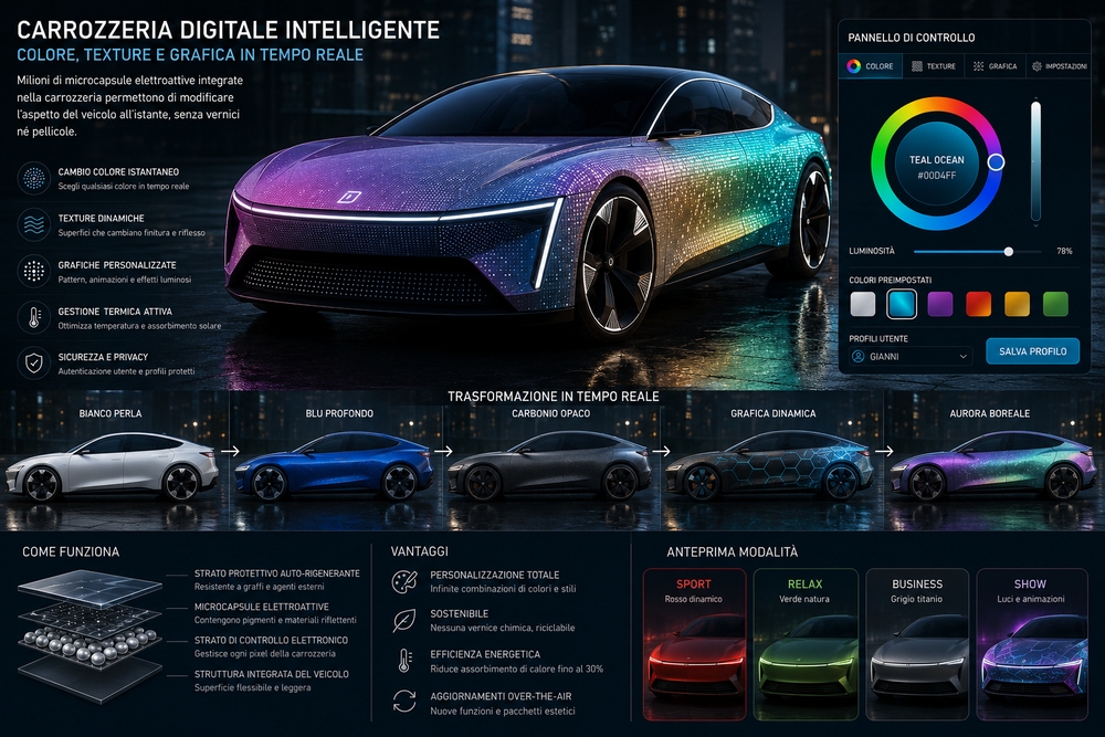 Futuro della carrozzeria che cambia colore e delle superfici intelligenti