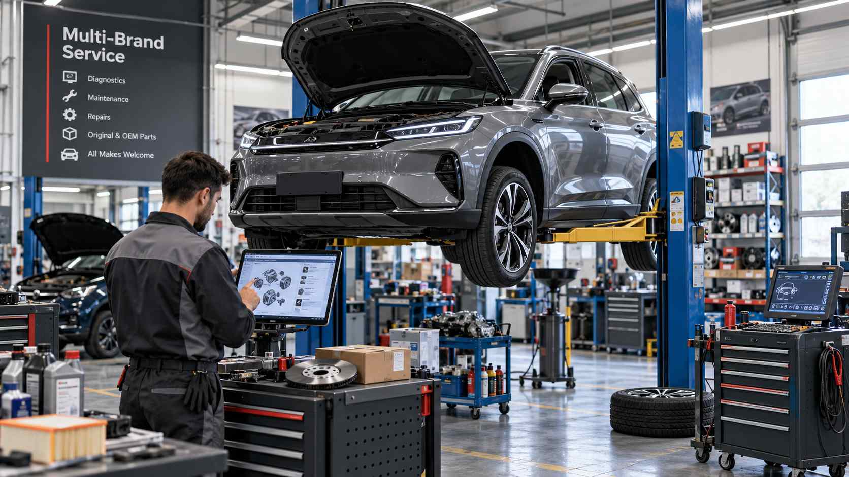 Officina moderna con SUV sollevato